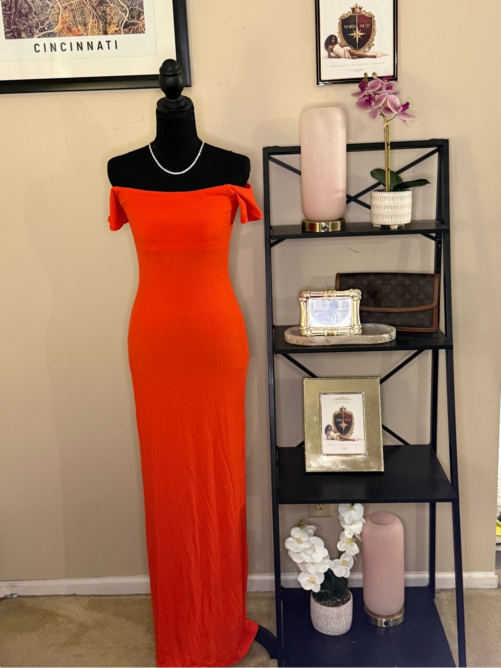 SKIMS Off Shoulder Ribbed Maxi Dress Orange Size L NWT (#20)